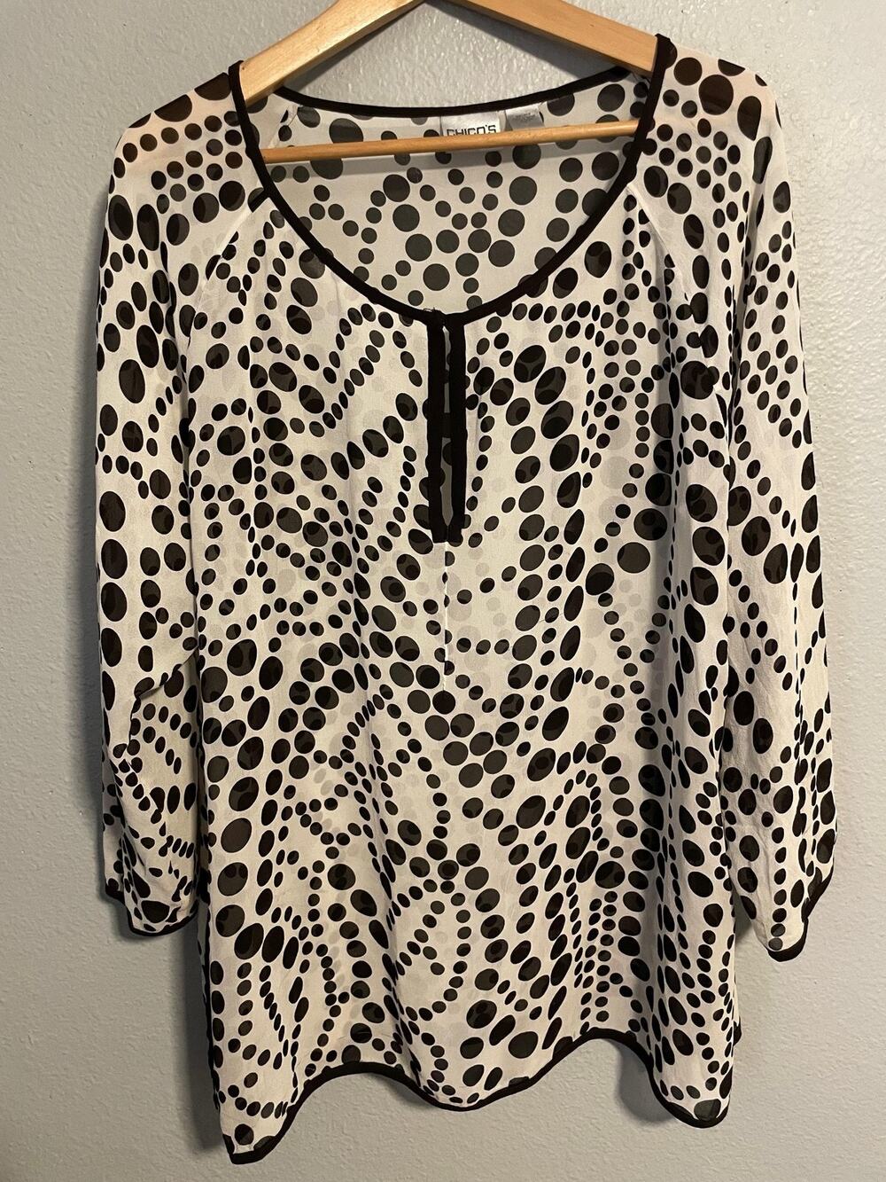 Chicos Womens Tunic Size 3 US XL Black White Silk Sheer Polka Dot Modern Artsy